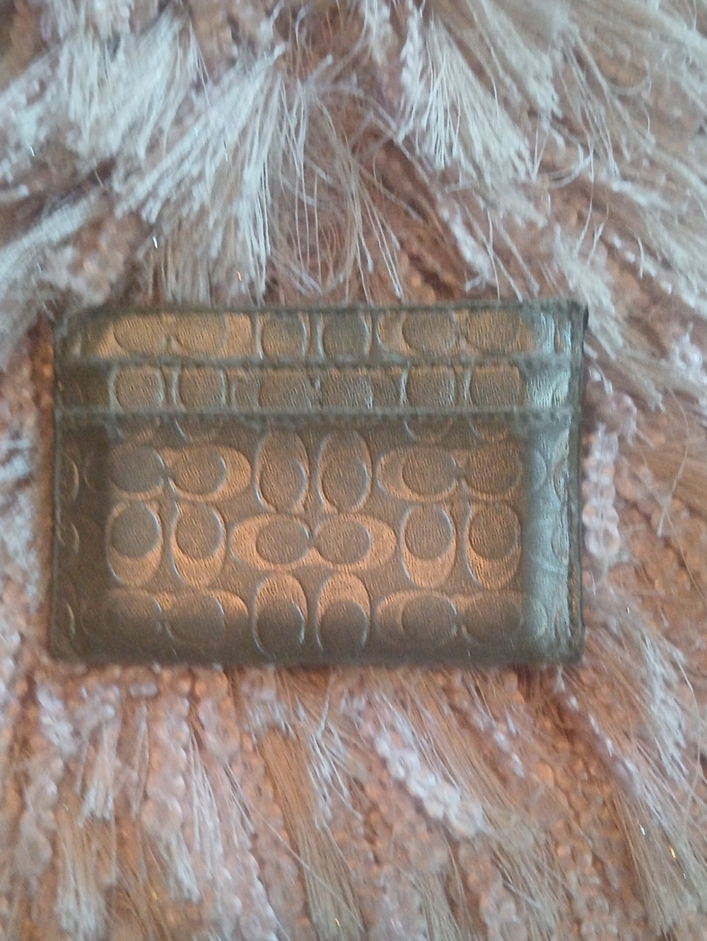 Coach Metallic Silver Signature Embossed Leather Credit Card Holder With Wear